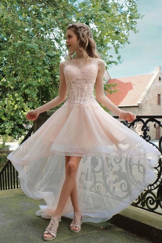 High Low Sleeveless Tulle Prom Dress With Appliques Party Dresses