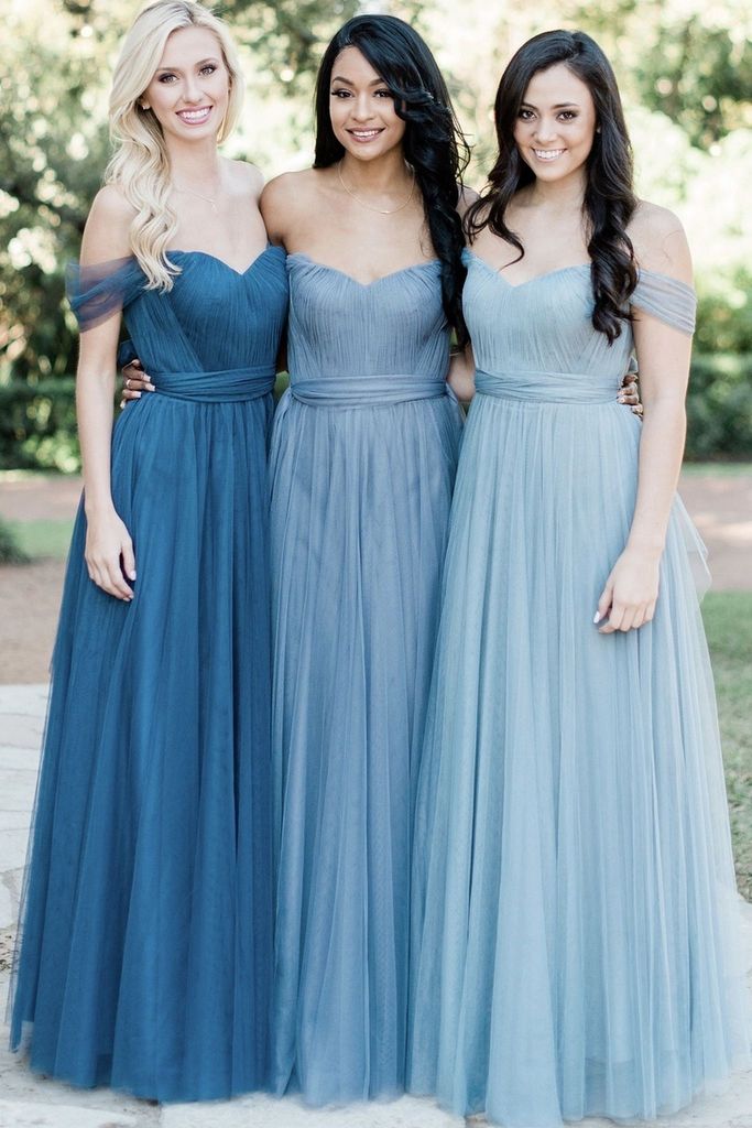 A Line Tulle Sweetheart Off the Shoulder Long Ruffles Bridesmaid Dresses