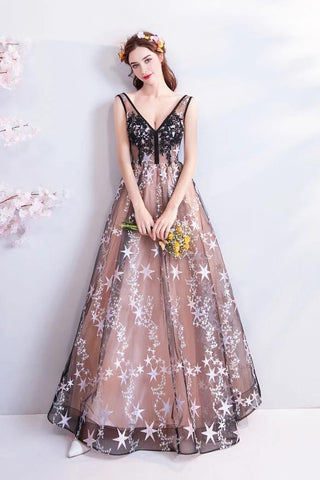 Princess A Line V Neck Applique Prom Dresses with Stars, Lace up Evening Dresses SJS15286