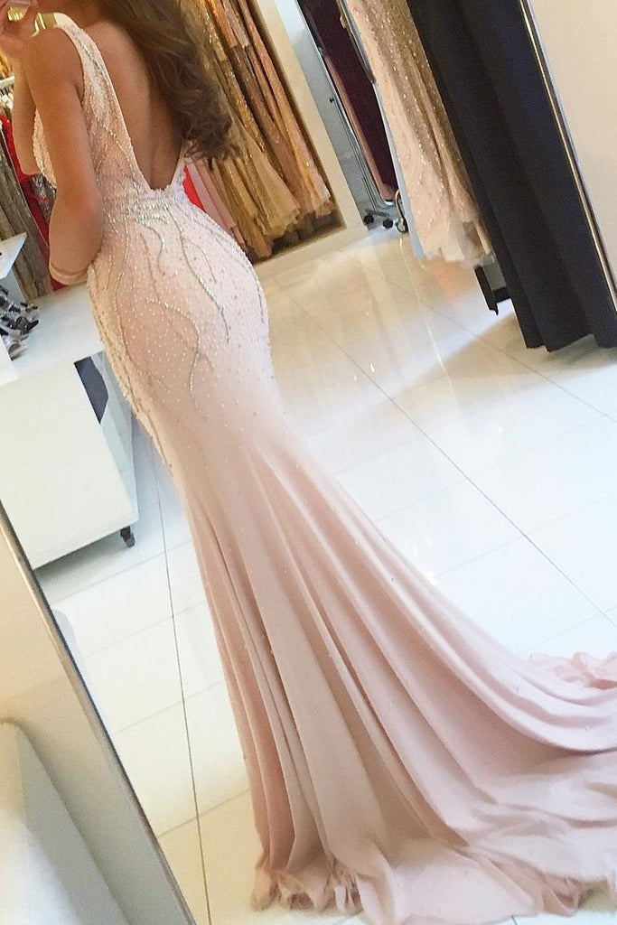 V-Neck Mermaid Chiffon Prom Dresses With Beads And Slit Open Back