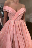 A Line Pink Sequins Off the Shoulder Prom Dresses with Split, V Neck Dance Dresses SJS15013