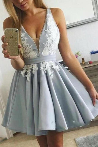 Cute V Neck Short Prom Dress, White Satin Homecoming Dress With Appliques