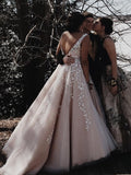 A-Line V Neck Open Back Tulle Long Prom Dresses with Applique, Backless Evening Dresses SJS15054