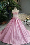 Strapless Satin Wedding Dress Lace Up With Beads Appliques Bow Knot