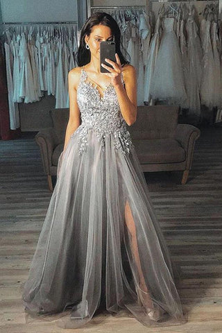 Chic Grey A Line V Neck Long Appliques Tulle Prom Dresses with Side Slit, Formal Dresses SJS15131