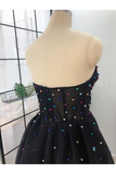Elegant A Line Sweetheart Strapless Black Tulle Prom Dresses With SJSPT11F6GE