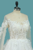 A Line Long Sleeves Tulle Scoop Wedding Dresses With Applique And Beads Sweep Train