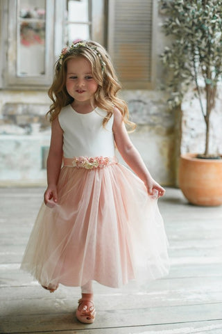 Cute Tulle Appliques Backless Flower Girl Dresses with Pearls