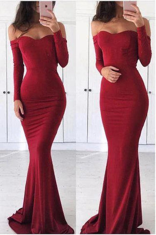 Sexy Off the Shoulder Long Sleeve Sweetheart Red Prom Dresses, Graduation SJS15668