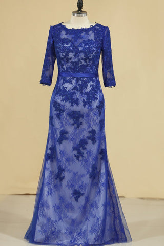 Evening Dresses Sheath/Column Scoop Floor-Length Lace With Applique 3/4 Sleeves