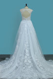 Scoop Open Back Sheath Tulle Wedding Dresses With Applique Chapel Train Detachable