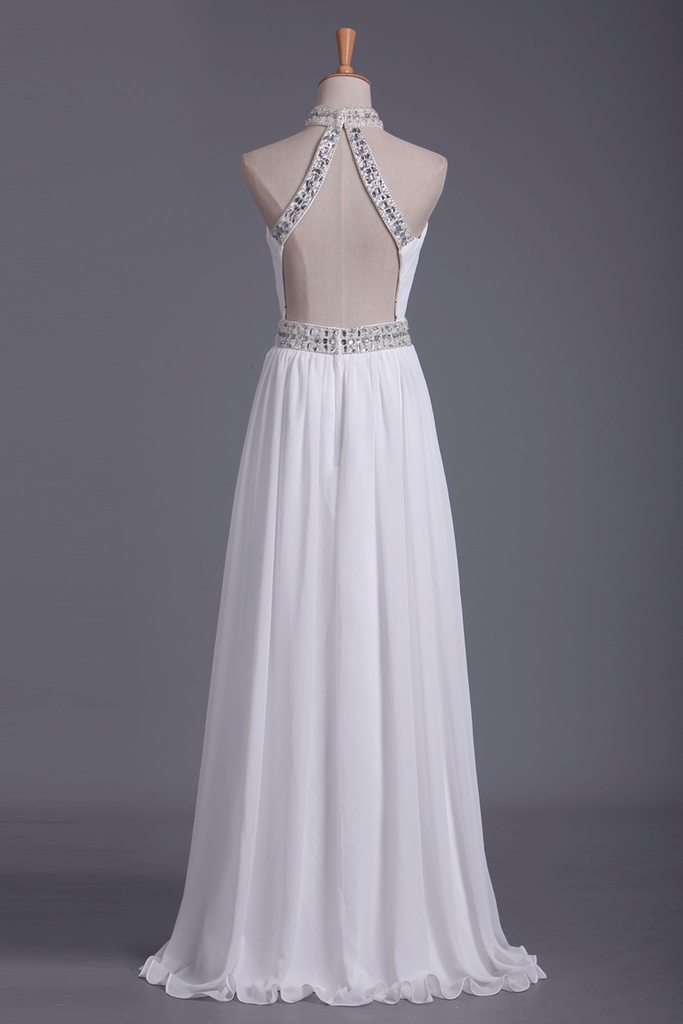 Sexy Open Back Chiffon With Beads High Neck Sweep Train Prom Dresses