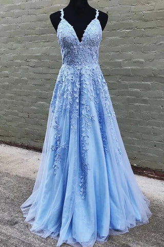 A Line V Neck Long Blue Lace Appliques Prom Dresses, Formal Bridesmaid Dresses SJS15042