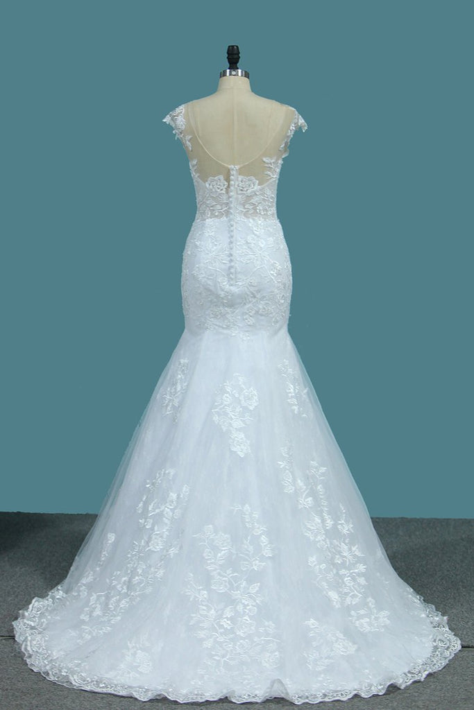 Scoop Open Back Lace Wedding Dresses With Applique Covered Button ...