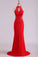 Red High Neck Open Back Prom Dresses With Applique Sweep Train Spandex