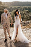 Sexy See Through Thigh Split V Neck Beach Wedding Dresses Beads Tulle Vintage Bridal Dress SJS15531
