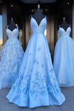 Charming Blue Spaghetti Straps V Neck Flowers Long Prom Dresses Satin Unique Formal Dresses SJS15098