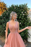 Elegant A Line Tulle Pink V Neck Beads Prom Dresses, Long Evening SJS20477