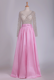 Long Sleeves V Neck Prom Dresses Taffeta With Beading Floor Length  A Line