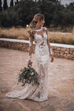 Mermaid Lace Appliques Long Sleeve See-Though Tulle Wedding Dresses Beach Wedding SJSPBSR61G8