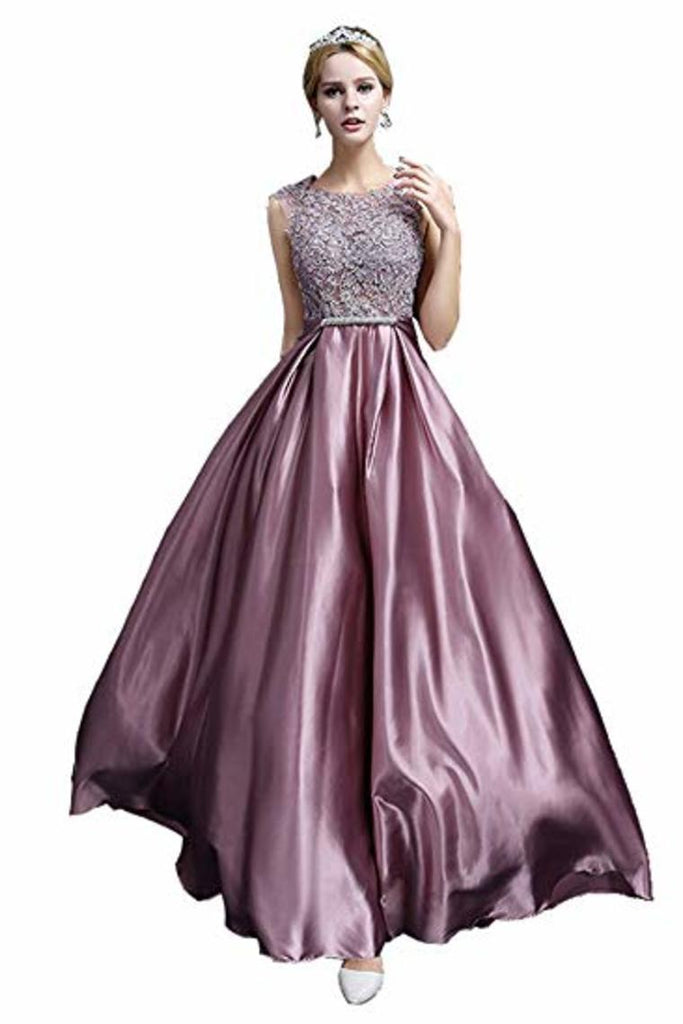 Elegant A-Line Applique Round Neck Lace Satin Ball Gown Evening Prom Dress