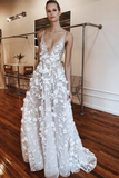 A-Line Floral Applied Long Wedding Dress With Illusion V Neck