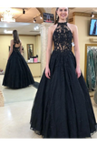 Halter Neckline Black Long Prom Dresses Formal Evening Dress Tulle SJSPJHYQ138