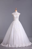High Neck A Line Wedding Dresses Tulle With Applique & Beads