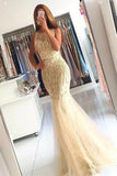 Elegant Mermaid Tulle Sleeveless Prom Dresses with Beading, Long Cheap Formal Dresses SJS15182
