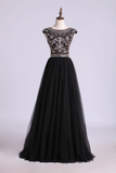 Scoop A-Line Prom Dress Floor-Length Full Beaded Bodice Champagne Tulle