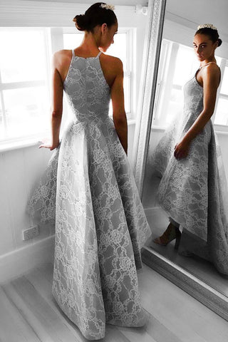 Elegant Spaghetti Straps High Gray Lace Long Prom Dresses Evening Dresses