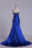 Mermaid Strapless Dark Royal Blue Sweep Train Elastic Satin With Beadings Prom Dresses