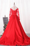 Scoop Prom Dresses Long Sleeves Satin A Line With Applique Court Train
