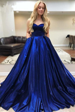 A Line Royal Blue Satin Sweetheart Strapless Prom Dresses with Pockets, Evening Dress SJS15553