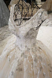 Champagne Wedding Gown V Neck Royal Train Handmade Beading Lace Up Back