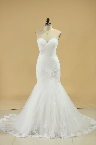 Tulle Sweetheart Ruched Bodice Wedding Dresses With Applique Mermaid