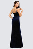 V-Neck Spaghetti Straps Velvet Dark Navy Blue Mermaid Evening Dress, Prom Dresses SJS15480