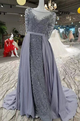 Gorgeous Prom Dress Sheath/Column Court Train Tulle With Full Beading Long Sleeves Scoop