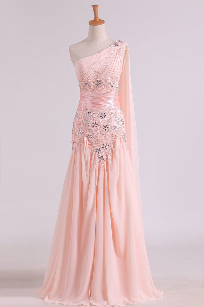 One Shoulder A Line Prom Dresses With Applique & Ruffles Floor Length