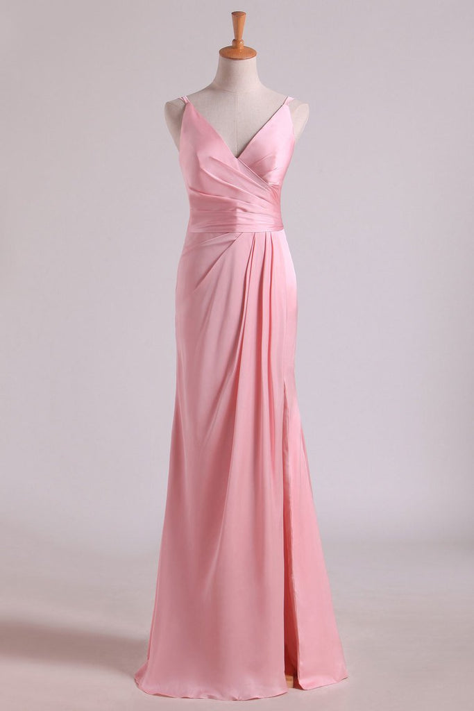 Bridesmaid Dresses V Neck A Line Chiffon With Slit And Ruffles