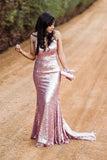 Sparkly Spaghetti Straps Rose Gold V Neck Prom Dresses with Sequins, Dance Dresses SJS15537