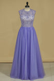 Scoop A Line Prom Dresses Tulle With Beading Open Back Floor Length