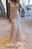 Elegant Cap Sleeve Mermaid V-neck Lace Applique Ivory Wedding Dresses SJS15163
