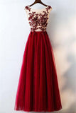 Elegant Burgundy A-Line Lace Tulle Prom Dresses Beautiful Party Dresses