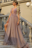 New Arrival Straps Prom Dresses A Line Tulle With Beading And Slit