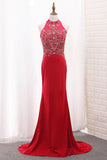 High Neck Spandex Prom Dresses Mermaid With Beading Sweep Train