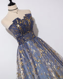 Charming Blue Floral Print Tulle Strapless Long A Line Prom Dresses, Dance Dresses SJS15097
