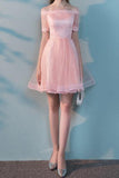 A Line Boat Neck Tulle With Applique Homecoming Dresses Short Sleeves