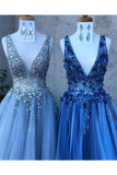 Sequis 3D Flower Prom Dresses A Line Deep V Neck Formal Dresses