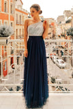 Flowy One Shoulder Navy Blue Tulle Long Prom Dresses, Cheap Formal Dresses SJS15232